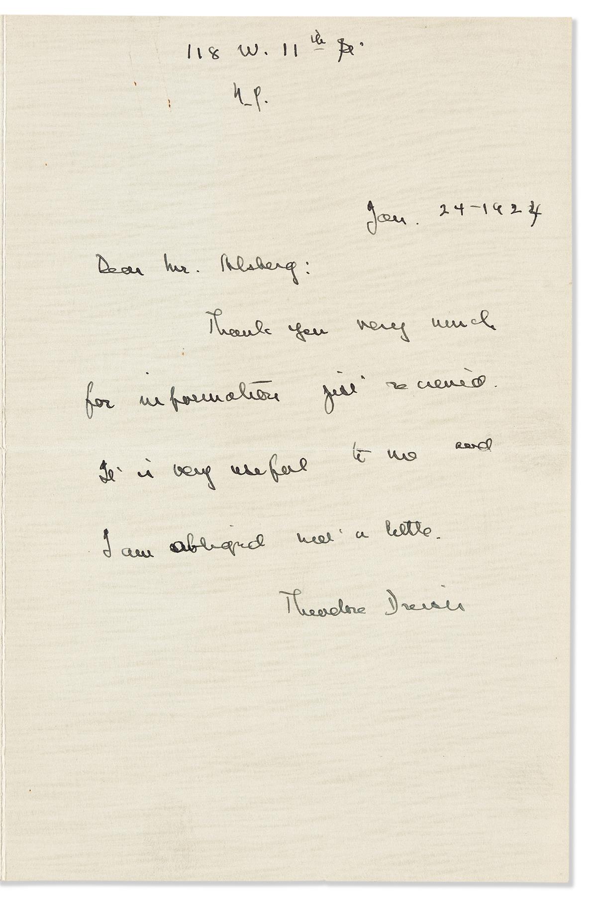 DREISER, THEODORE. Three letters, each Signed, to Lewis Alsberg, including two Autograph Letters and a Typed Letter,